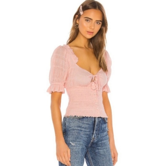 》 Tularosa Cooper Pink Button Front Ruffle Puff Sleeve Smocked Cropped Top - Picture 2 of 7